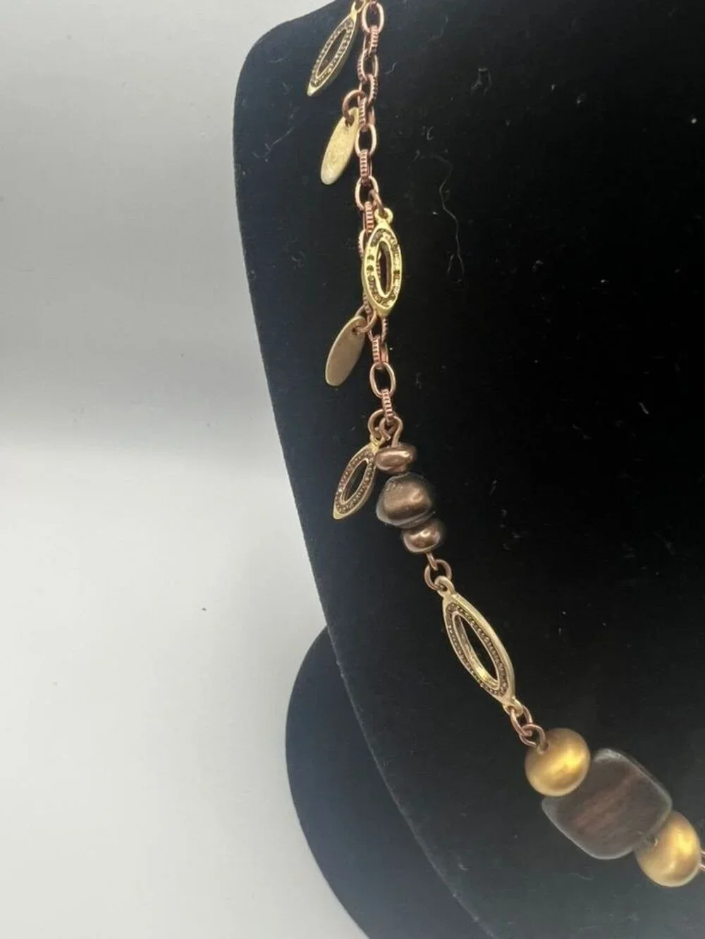 Vintage Coldwater Creek Necklace Wood Bead Brass Filigree Leaf Charm